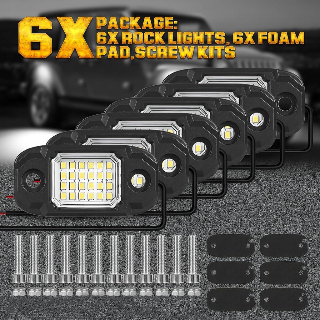 6Pods White Rock Lights 24 LEDs Chips Neon Trail Rig Lamp Underglow Lighting For Cars Trucks SUV ATV UTV Boats (White)
