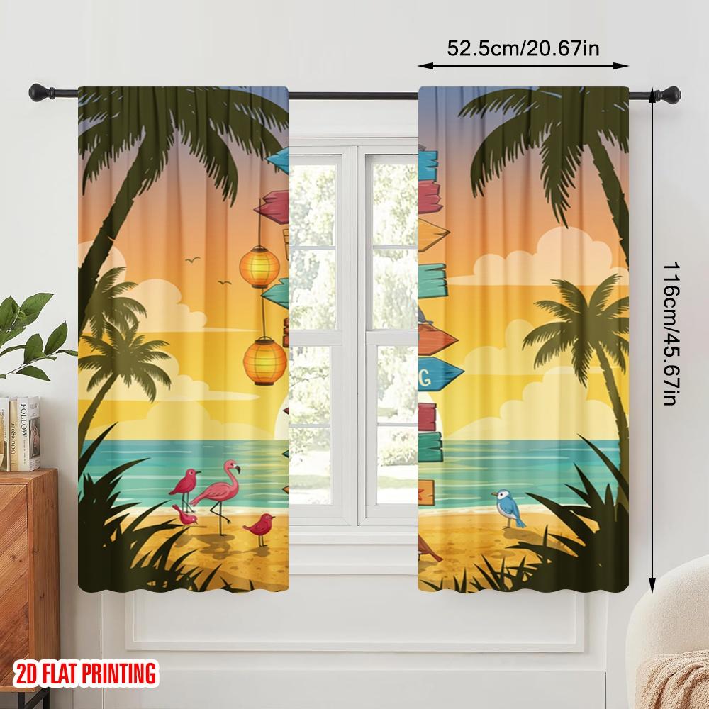 2pcs 2D Flat Printing Scene Curtains Beach Signpost Life Polyester Without Electricity Seasonal Party & Holiday Decor for Booths