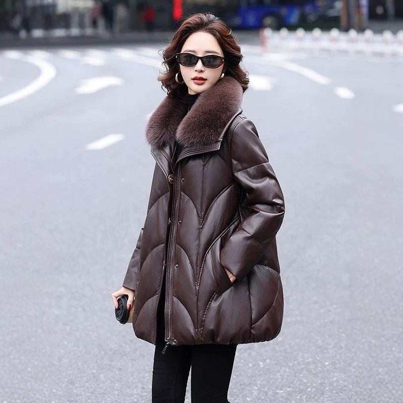 Down jacket women's coat medium and long fox fur collar hat white duck down leather jacket middle-aged