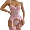 Thin Women Pajama Set Sexy Lingerie Lace Hollow Crotchless Bodysuit Teddy Dress Erotic Costumes Deep V Open Garter Underwear Set
