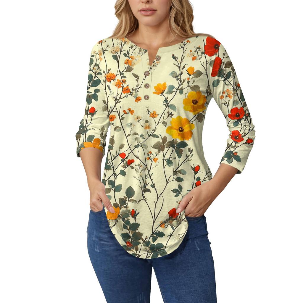 3/4 Length Sleeve Womens Tops Summer T-Shirts Floral Print V Neck Casual Basic Tee Button Shirts Tunic Tops