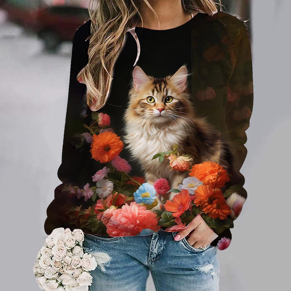 Милые кошачьи цветочные толстовки с 3D-принтом и животными, женские повседневные толстовки с длинным рукавом, уличная одежда Y2k, пуловеры, верхняя женская одежда
