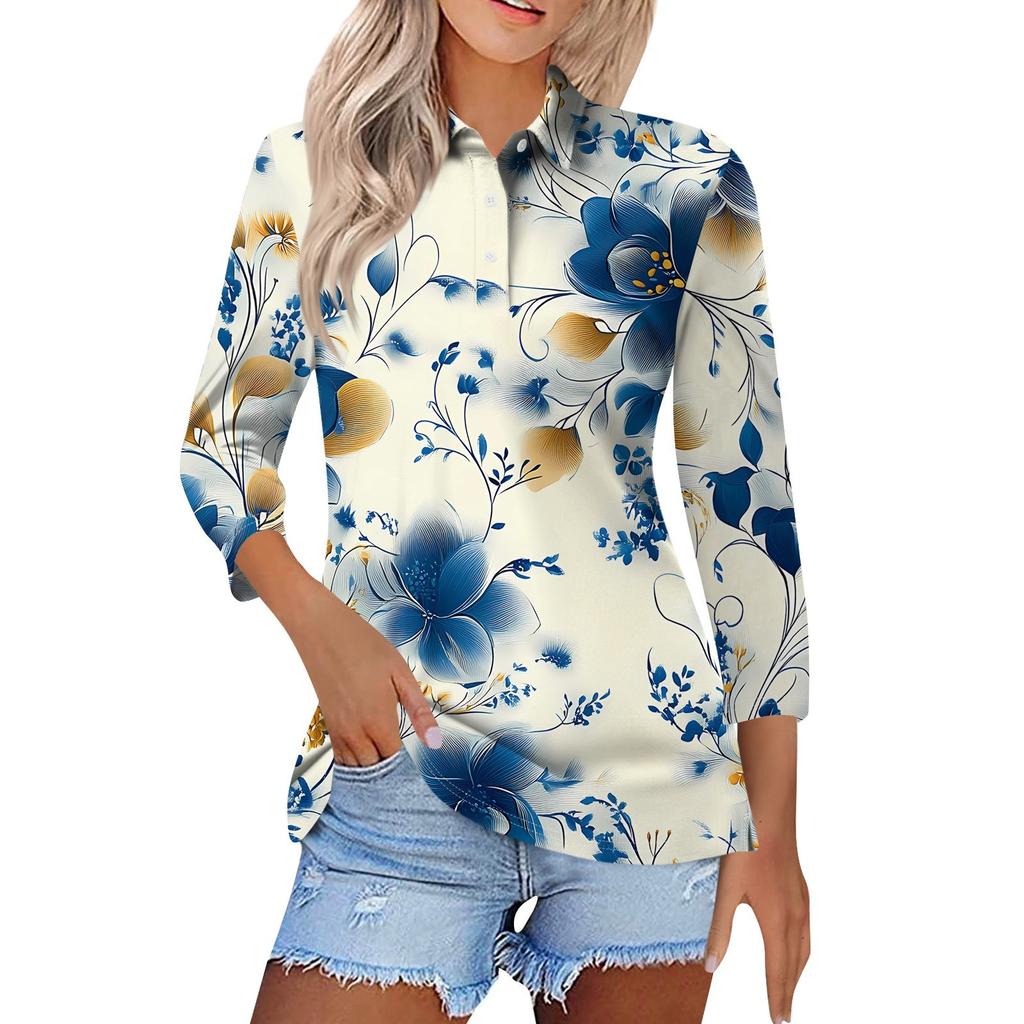 Женская модная повседневная рубашка с короткими рукавами 3/4 с лацканами и принтом, женские топы на пуговицах