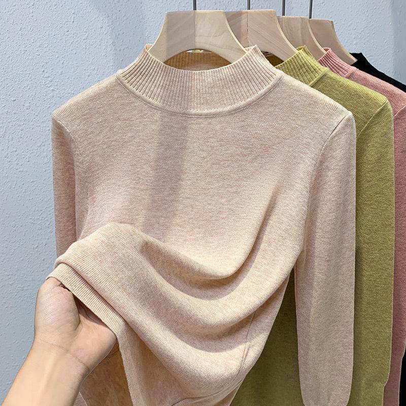 Женский осенне-зимний трикотажный топ с высокой горловиной, однотонный, мягкий, липкий низ, эластичная внутренняя отделка на талии
