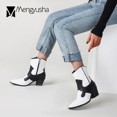 Модные цвета блочные каблуки модные ботинки женские сшитые с острым носком зимние ботинки молнии толстые высокие каблуки ботинки для верховой езды в стиле вестерн femme2024