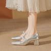 French Silver High Heels Autumn New Pointed Head Light Mouth Pearl Word with Thick Heel Mary Jane Single Shoes Women