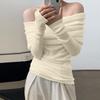 Women's French Line Shoulder Knit Slim-fit Off-the-shoulder Long Sleeve Solid Color Sweater Top