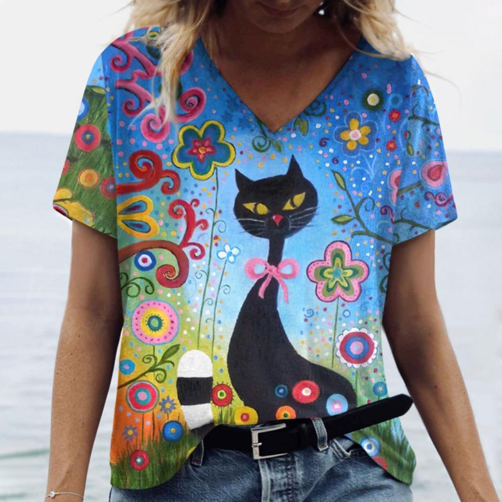 Summer Cartoon Cat Women's T Shirts Vintage Short Sleeve Tops Girls V-Neck Tees Female Clothing Oversized Pullover