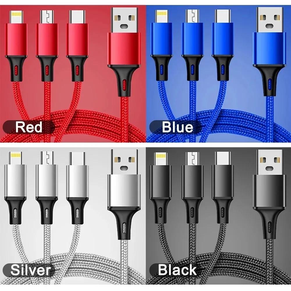 3 In 1 USB Type C Cable Phone Charge Cable Nylon Braided Universal Charging Data Cord For Iphone 14 Xiaomi Huawei Mate 40