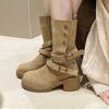 Fashion 2024 New Autumn Women's Casual Fashion Solid Color Double Buckle Decorative High-heeled Mid-calf Boots