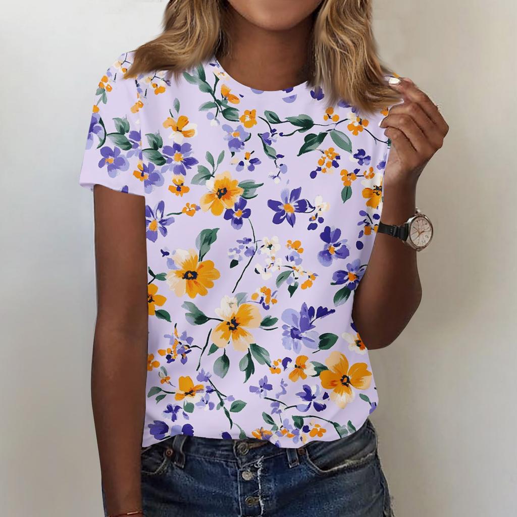 Women's Fashion Casual Printed Round Neck Short Sleeved T-Shirt Top T-Shirt Top Top