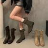 2024 Новые Туфли Женские Сапоги Женские Осенние Круглые Носки Замшевые Однотонные Короткие Ботинки На Блочном Каблуке Модные Сапоги Zapatos De Mujer