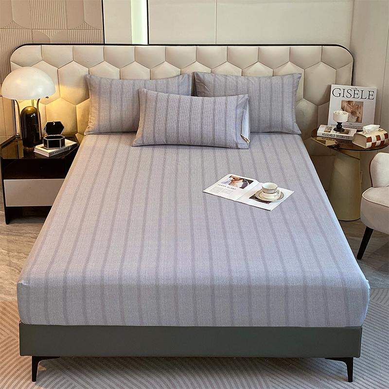 Комплект постельного белья из 3 предметов, простой, синий, в полоску, мягкий, приятный для кожи, утолщенный, 100% хлопок, эластичный, размер Queen Size