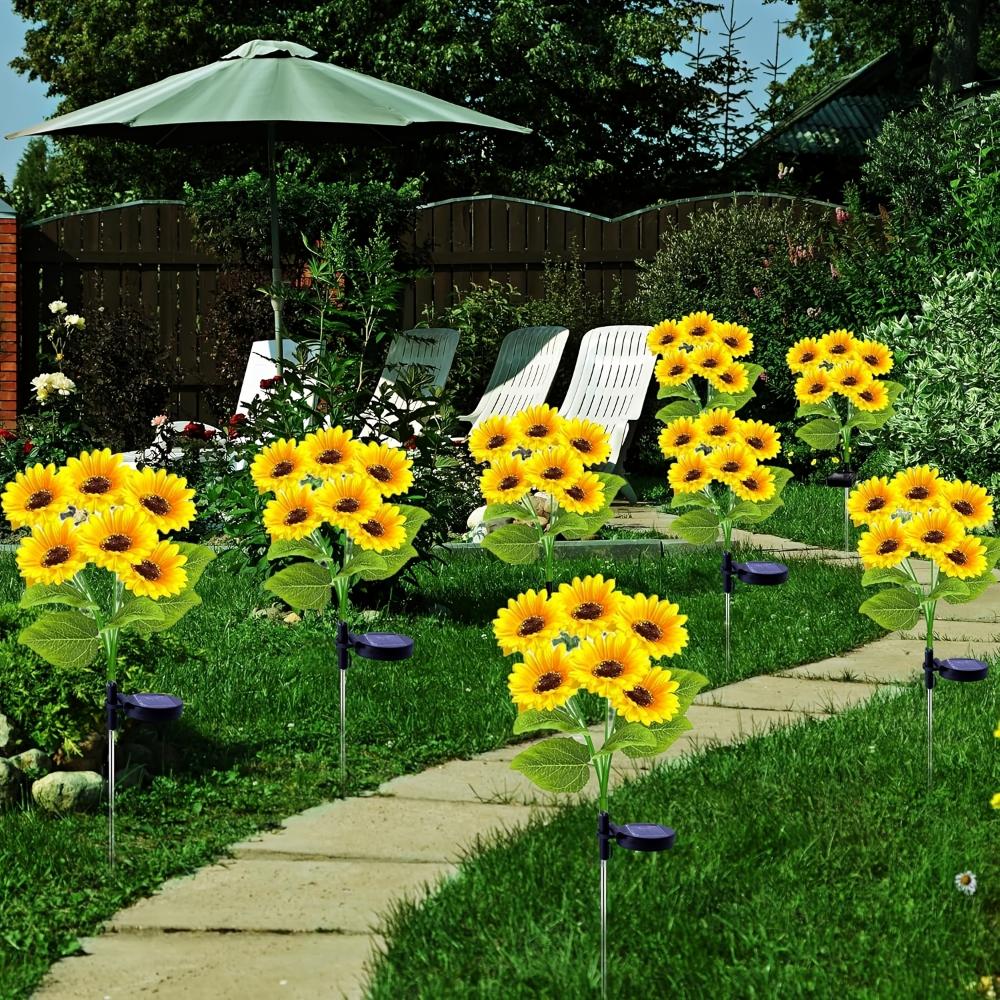 Садовый солнечный светильник зеленый кожаный столб со светом большая голова подсолнух 6 головок солнечное питание с автоматическим выключателем индукция садовое украшение