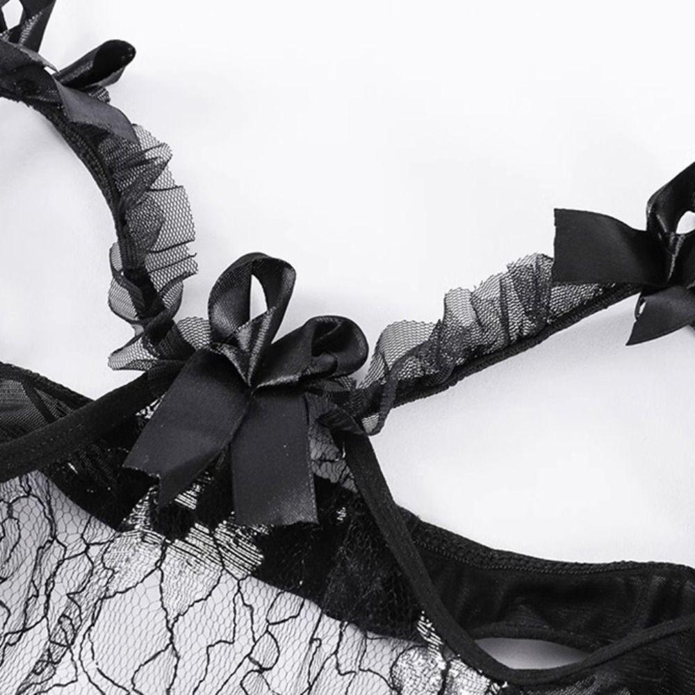 Mesh Hollow Lace Bow Bodysuit Deep V Lace Sling Nightwear Lingerie Women Underwear Ladies