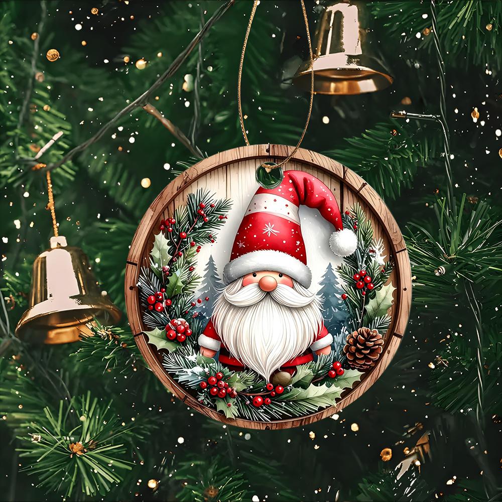 Rustic Santa gnome woodland wreath design Acrylic Christmas Tree Ornament festive home decor holiday gift hanging bauble Christmas party supplies