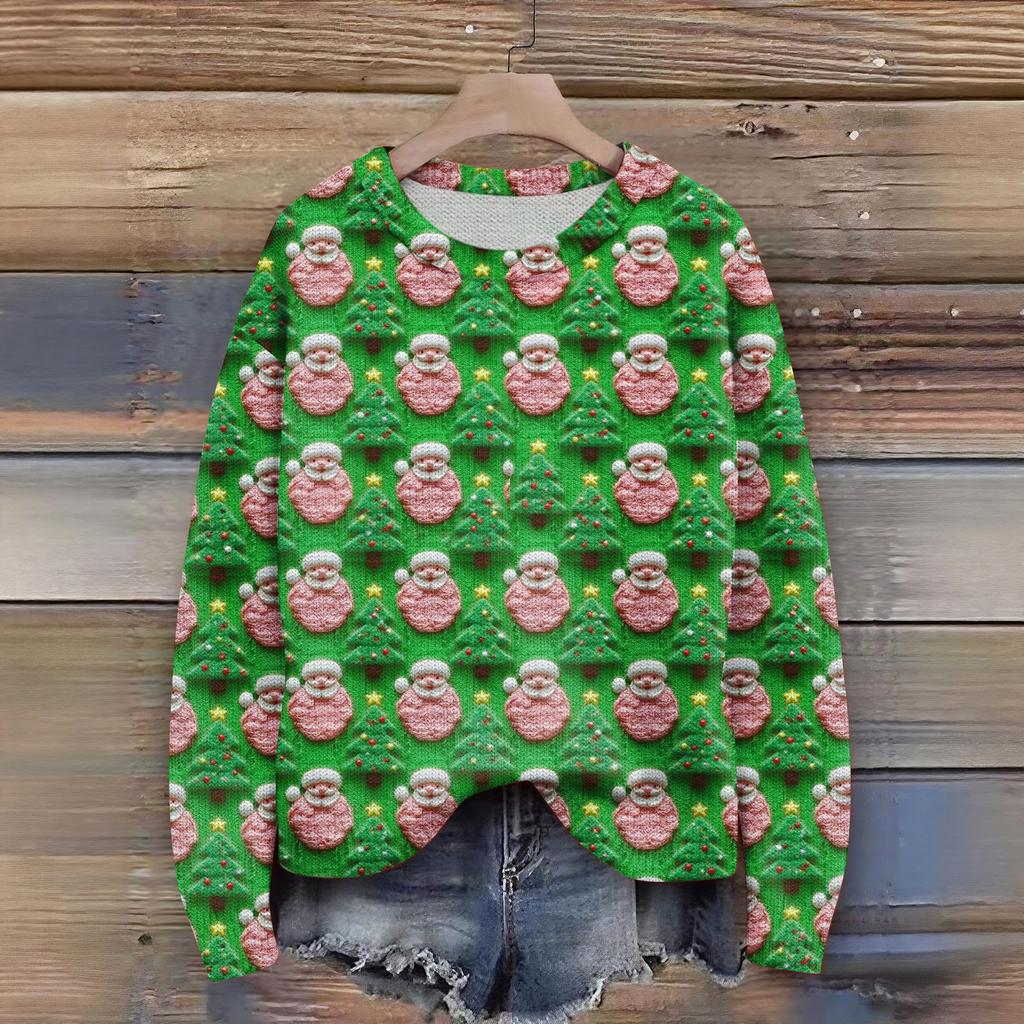 Women's Christmas Print Cardigan Long Sleeve Round Neck Knit Top