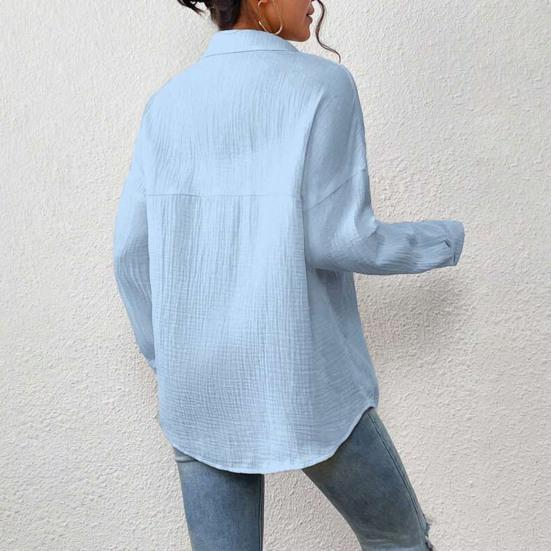 Women Casual Shirt Lapel Long Sleeve Button Down Casual Top with Patch Pocket Solid Color Loose Fit Blouse Work Leisure Daily Wear