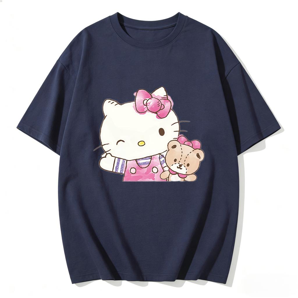 2026 New Hello Kitty Teddy Bear Watercolor Cartoon Print Tshirt Family Matching Outfits Casual Short Sleeve Tee Women Unisex Kids