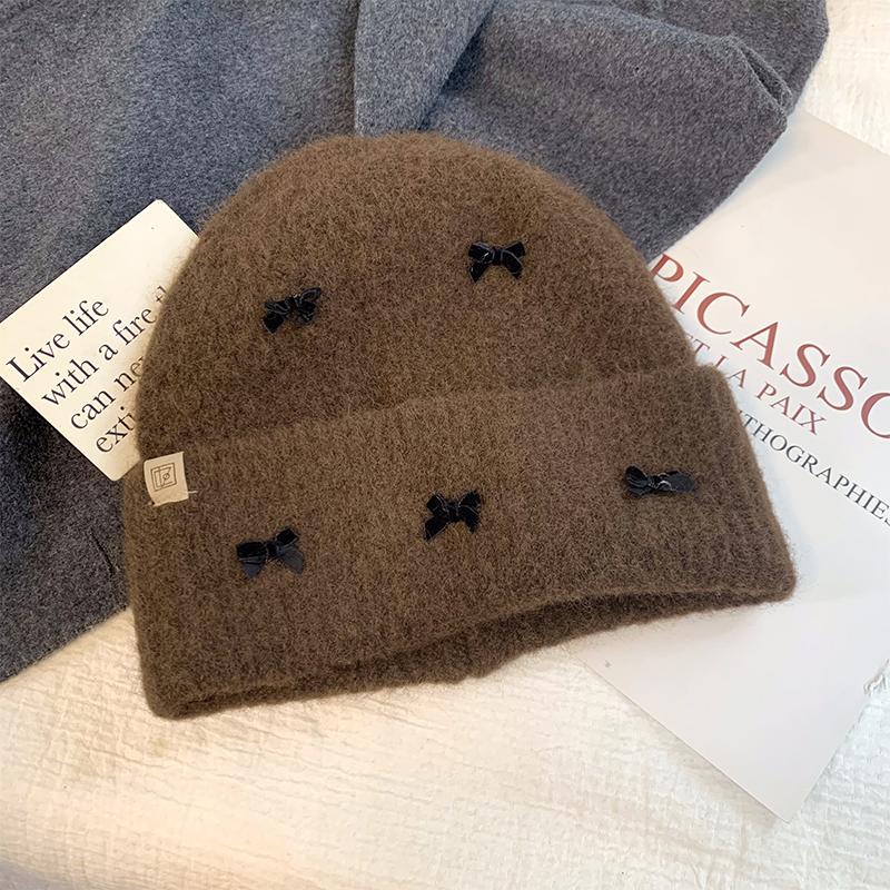Милая и милая вязаная шерстяная шапка с бантом, детская осенне-зимняя универсальная маленькая утолщенная теплая холодная шапка