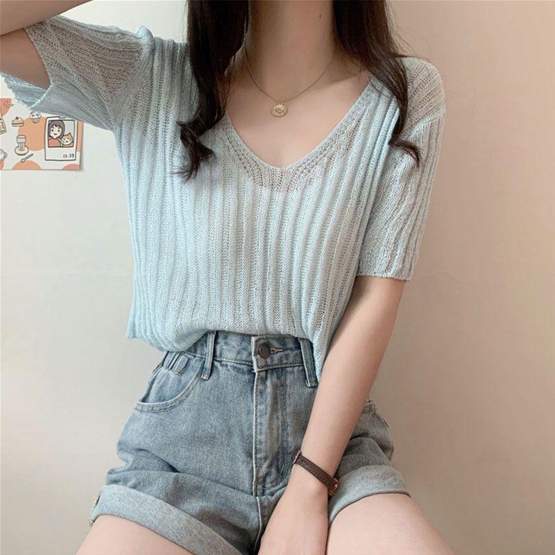 Korean Style Top Summer Knit Shirt Korean Version Short Solid Color Slightly Transparent V-neck Loose Short Sleeved T-shirt Trendy