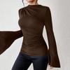 Women's Fashion Trumpet Sleeve Stand Collar Slim Fit Long Sleeve Top