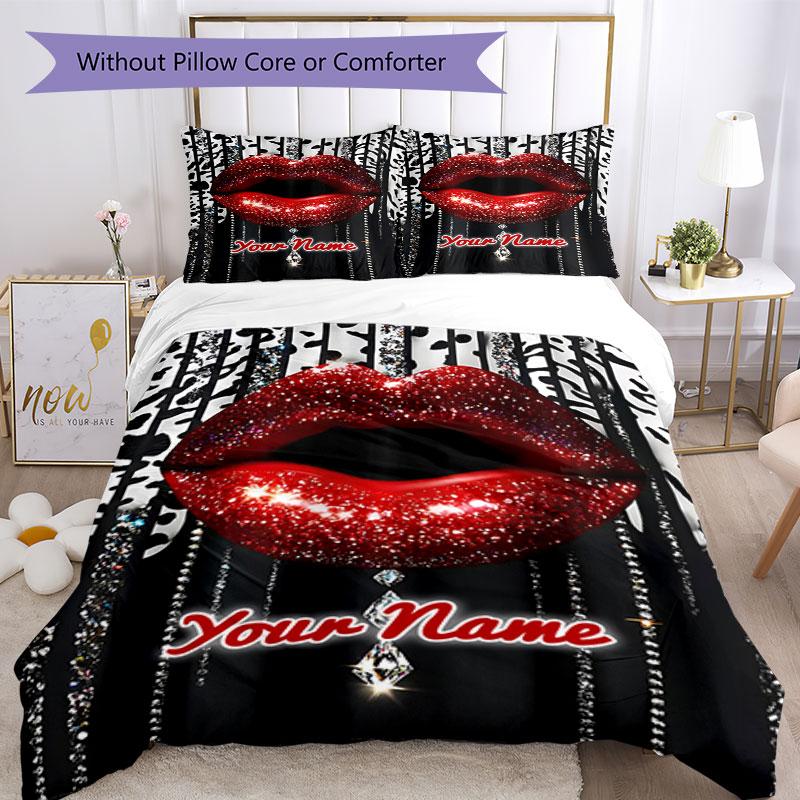 3PC Custom Name Glamorous Glitter Lips Bedding Set Printed Bedding Set Duvet Cover Closure Includes 1 Duvet Cover & 2 Pillowcases for All Seasons Bedr
