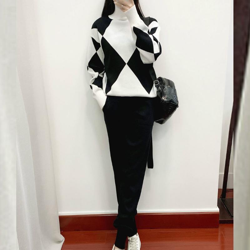 Модный женский повседневный вязаный клетчатый свитер, комплект из двух предметов