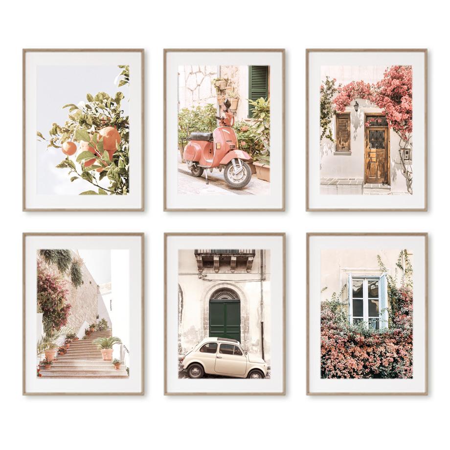 Ретро город цветок вид на улицу автомобиль мото велосипед подоконник настенные постеры художественная живопись на холсте и принты картина для декора гостиной