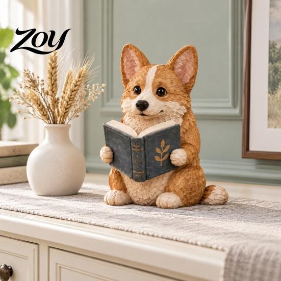 Decorative Bookend Companion Reading Dog Figurine, Cute Book Loving Puppy Sculpture for Bookshelf Lover Gift Nook Desk, and Lovers Unique Readers