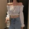 Women Spring Summer Solid Blouses Off Shoulder Long Sleeve White Black Shirt Puff Sleeve Ruffle Tunic Cropped Tops