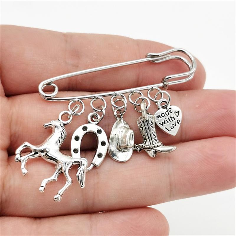 Vintage Silver Color Horse Horseshoe Cowboy Boots Cowboy Hat Pendant Pin Brooch Creative Jewelry Gifts