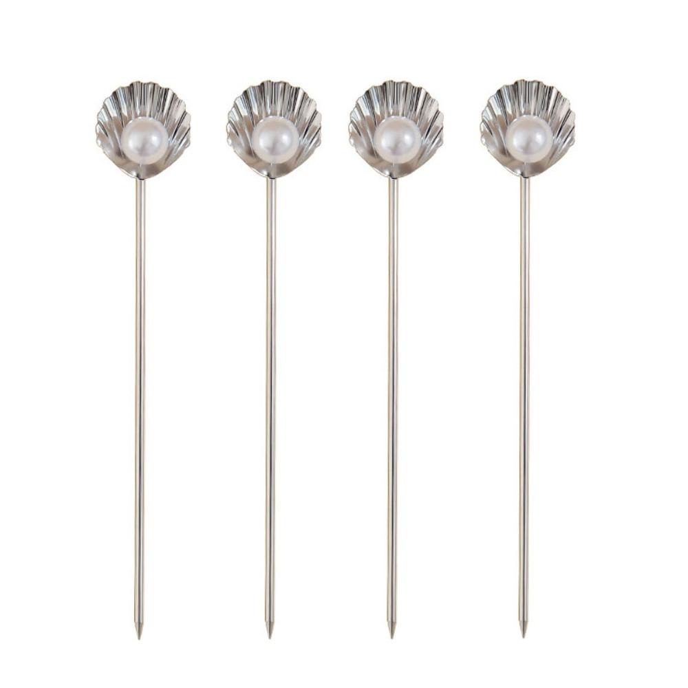 4Pcs Multifunctional Shell Pearl Design Fruit Stick 304 Stainless Steel Reusable Cocktail Pick Rust-proof Wine Needle Party