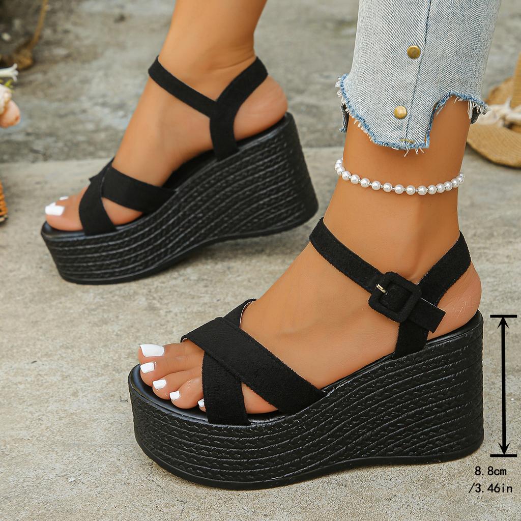 Fashion Black Cross Strap Women's Wedge Sandals Fashion Chunky Platform Sandals Woman Summer 2025 Thick Bottom Non Slip Beach Sandalias