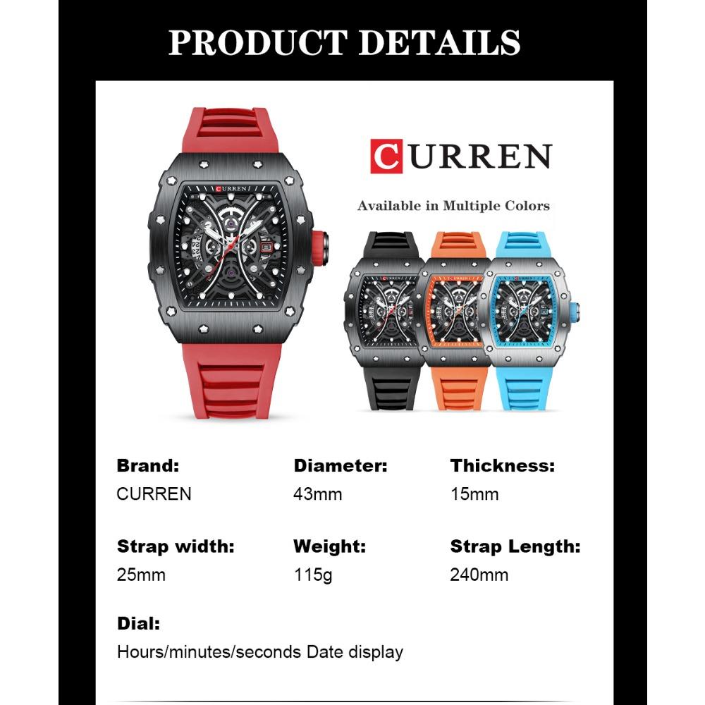 Curren 8438 Роскошные Мужские Кварцевые Наручные Часы с Силиконовым Ремешком, Водонепроницаемые, Квадратные, Спортивные, С Функцией Календаря