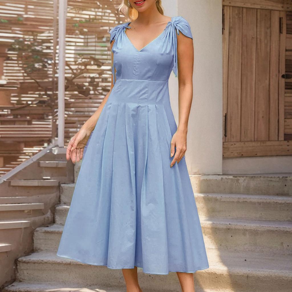 Женская мода элегантный темперамент V-образный вырез галстук А-силуэт однотонные платья