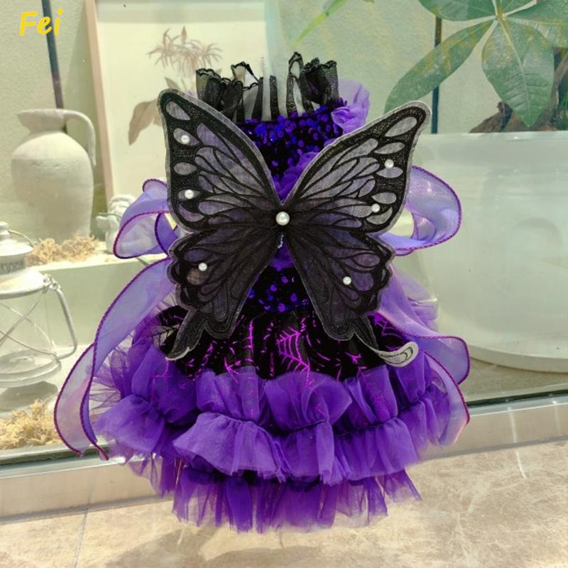 Luxury Princess Dog Dress Handmade Chiffon Lace with Black Butterfly Wings for Chihuahua Pomeranian Puppy Wedding Party Dress