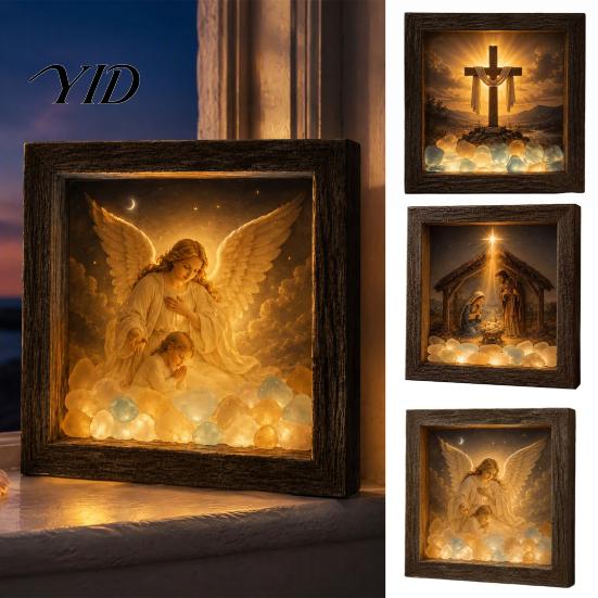 Religious Gifts for Home Coastal Lighthouse Sea Glass Shadow Box Night Light, LED Nativity Scene Wood Wall Mounted Wooden Frame Decor, Christian Faith