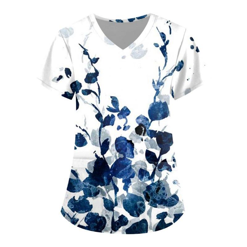 Plus Size Flower Printed Scrub Working Uniform Tops for Women Cross V-Neck Short Sleeve Fun T-Shirts Workwear Tee with Pockets