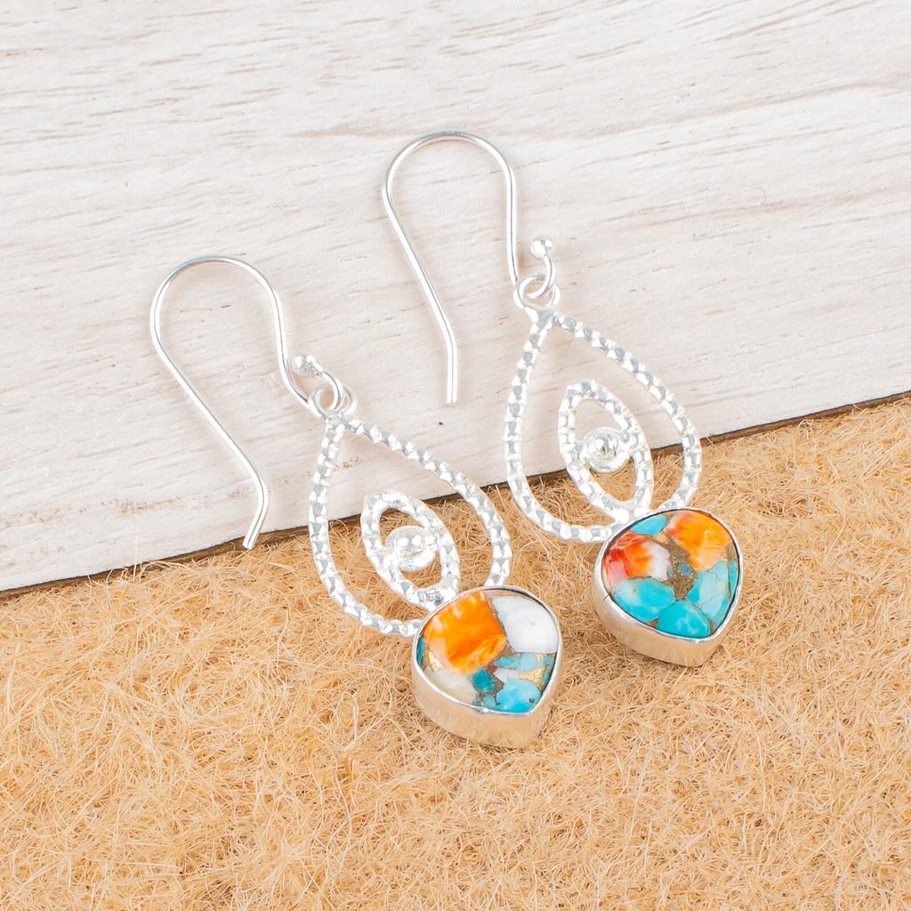 Natural Spiny Oyster Gemstone 925 Sterling Silver Jewelry Dangle Earrings 2.00" EE-32-38