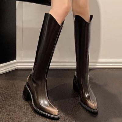 2025 осень и зима новые ретро высокие сапоги с острым носом и толстым высоким каблуком сапоги стройнят ноги иностранный стиль маленькие сапоги
