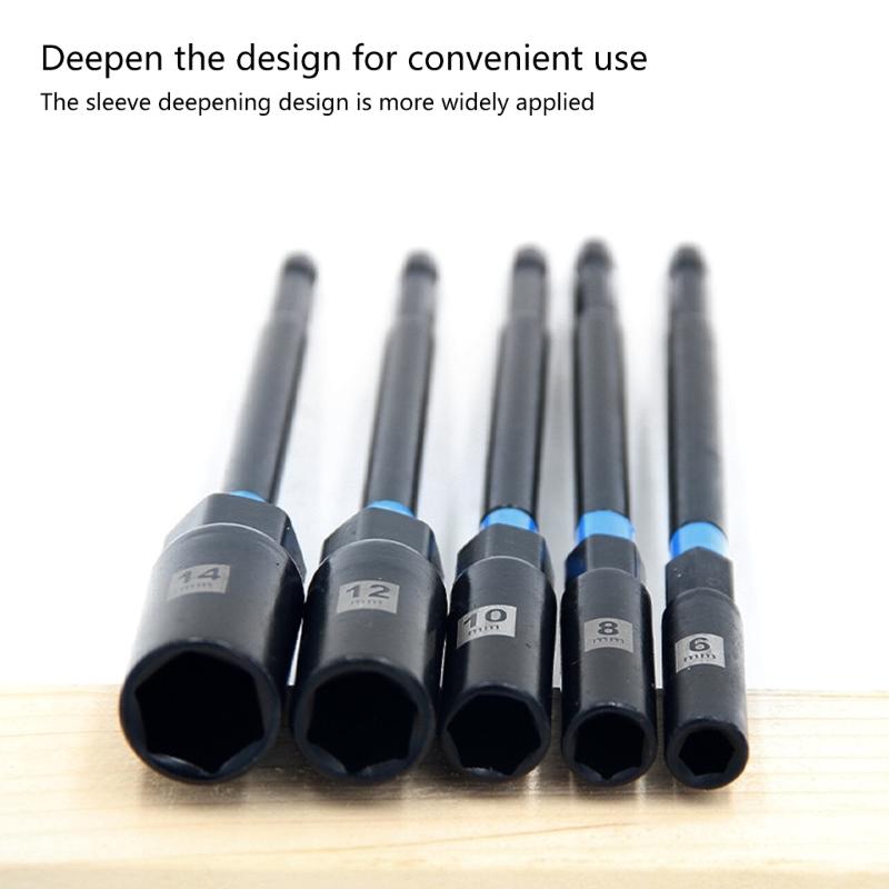 Pack of 5 Long Hexagonal Socket Nut Driver Set for Electric and Pneumatic Tool with Alloy Steel Construction