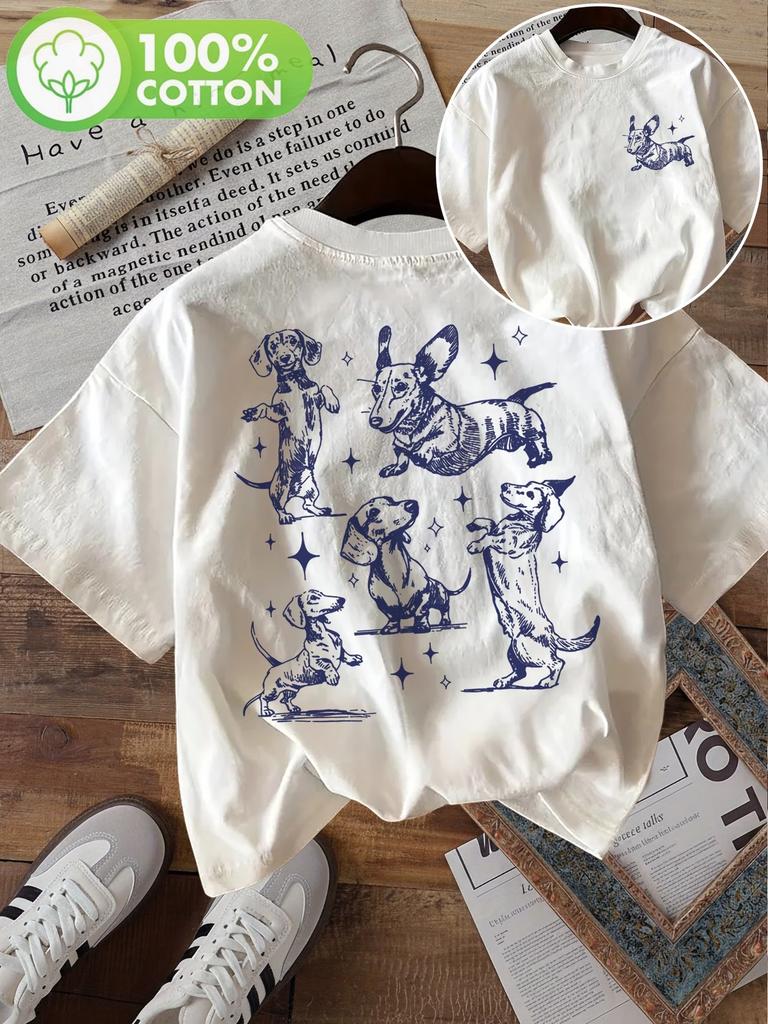 Kawaii Dog Cotton Womens Retro Dog Print TShirt Cute Graphic T Shirt Crew Neck Short Sleeve Top Vintage Shirt