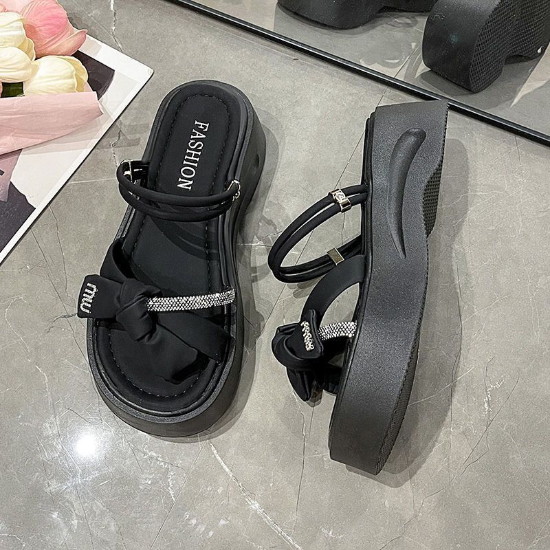 One-word cool slippers bow slippers women's summer wear 2025 new popular thick bottom two wear height-increasing skirt women