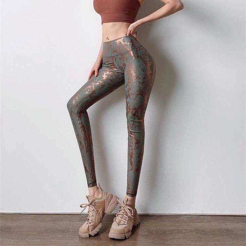 Tight Elastic Bronzing Yoga Pants Fashion Wind Cross-Border Snake Pattern Peach Hip Fitness Pants High Waist Slimming Sports Pants
