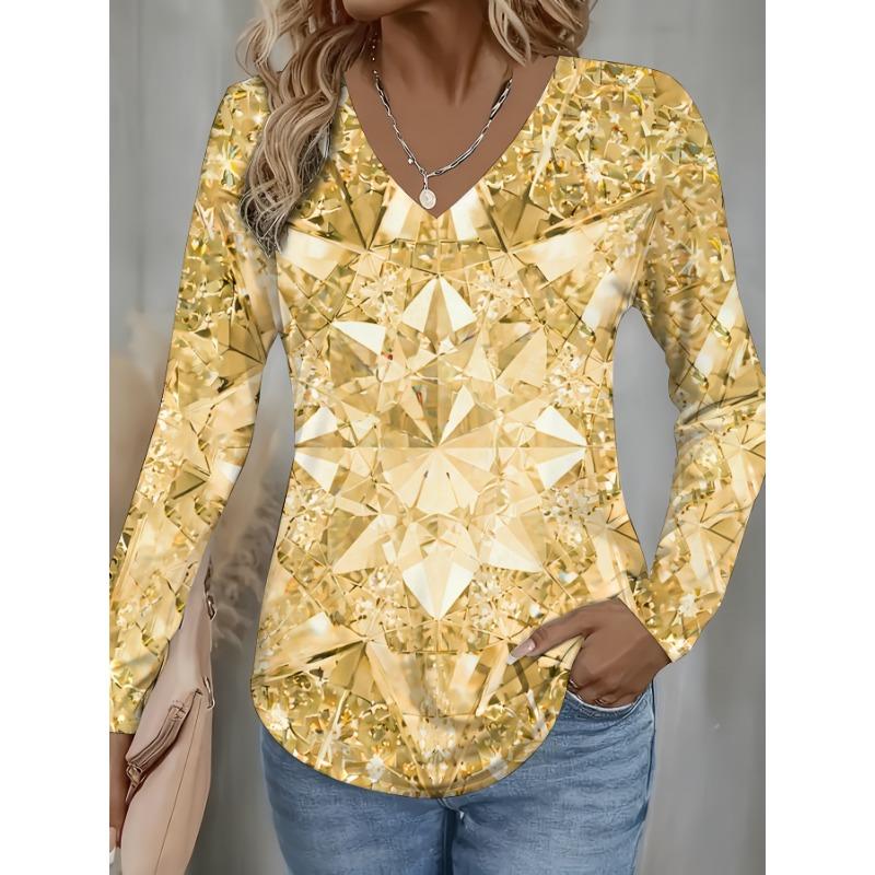 All-over printed women's fashionable V-neck crystal star long-sleeved blouse
