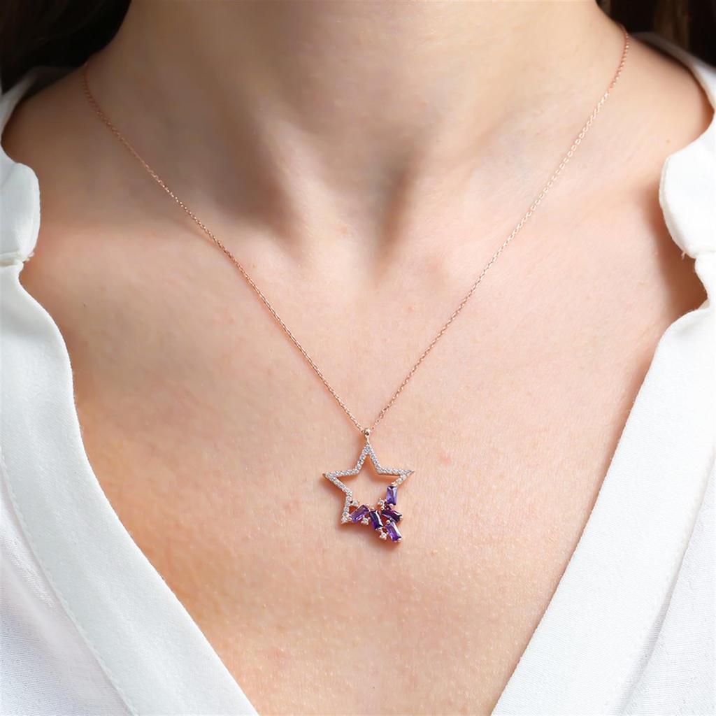 Amethyst Baguette Stone Star Reflection Rose Color Silver Necklace