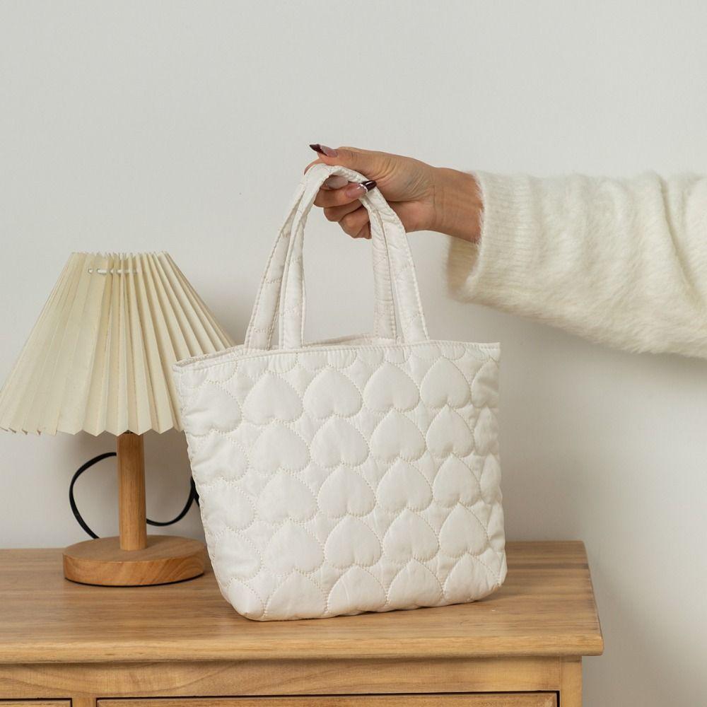 Solid Color Quilted Love Handbag Korean Lovely Lunch Bag Japanese Puffer Tote Bag  Travel