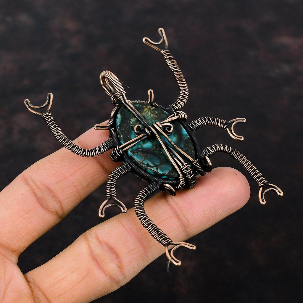 Тибетский бирюзовый кулон, медная проволока, обернутые подвески, натуральный кулон с драгоценным камнем, ювелирные изделия из медной проволоки, кулон ручной работы, кулон с жуком для подарка