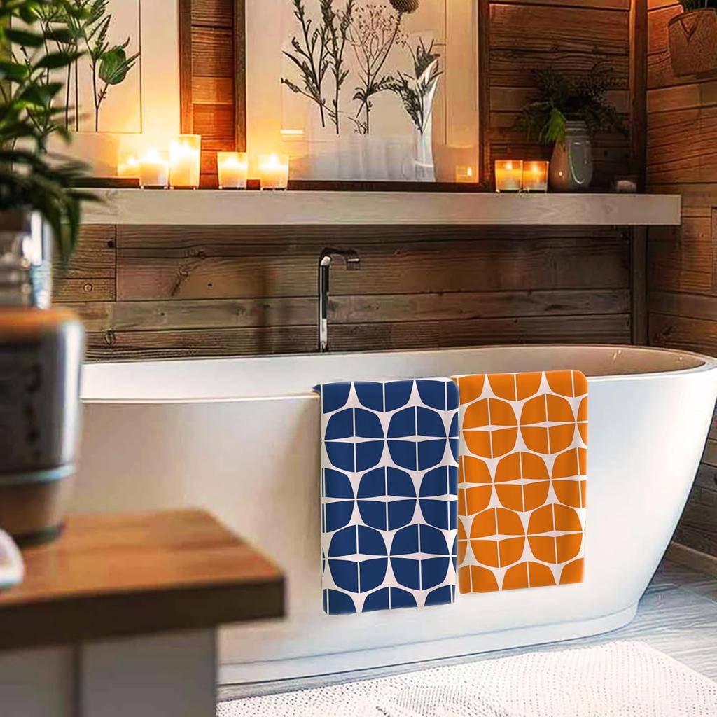 Trendy Retro Orange and Blue Pattern Kitchen Towels Set of 2, Mid Century Modern Scandinavian Aesthetic Hand Towels for Bathroom,16x24 Inch